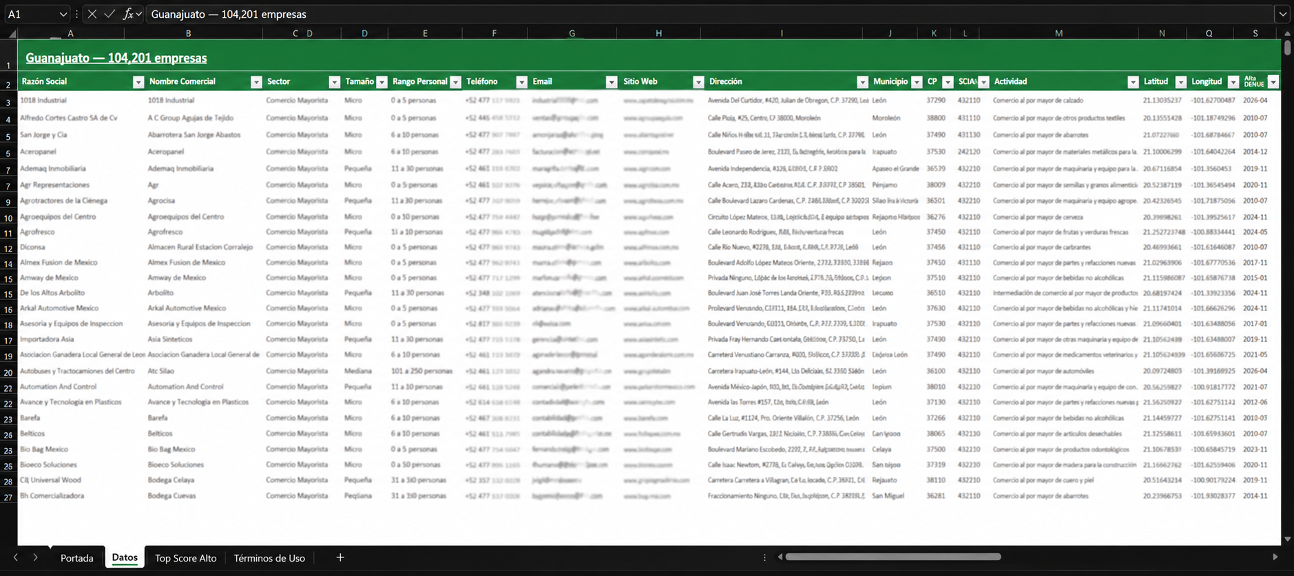 Hoja de datos del directorio con todas las columnas