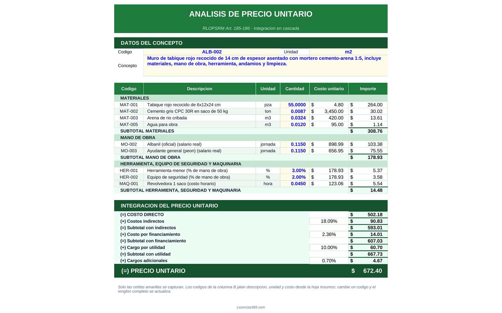 Tarjeta de análisis de precio unitario 2026
