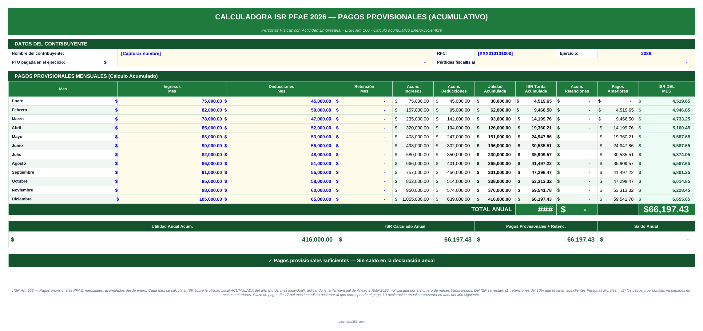 Calculadora ISR PFAE 2026 con pagos provisionales acumulados