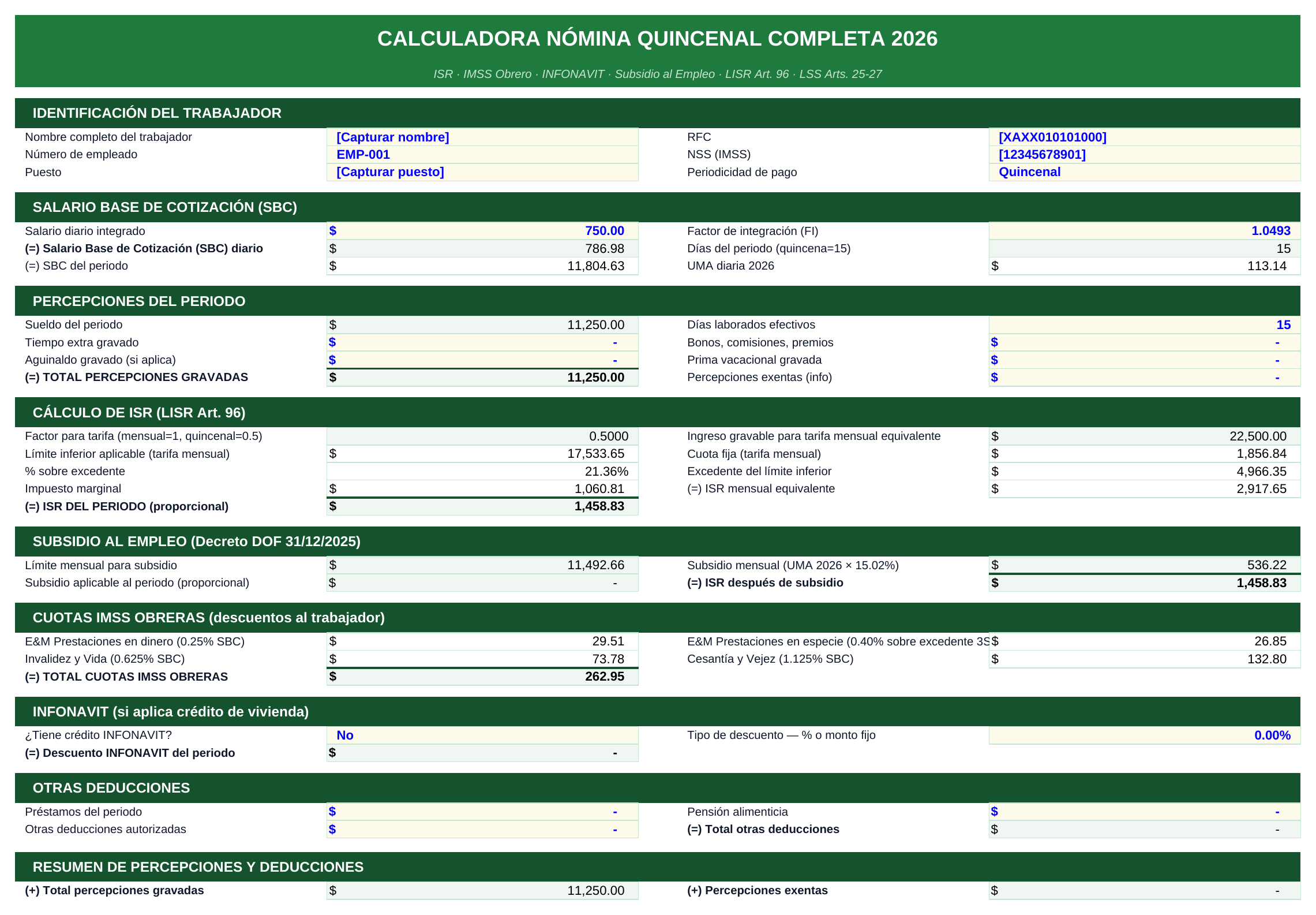 Calculadora de nómina quincenal 2026